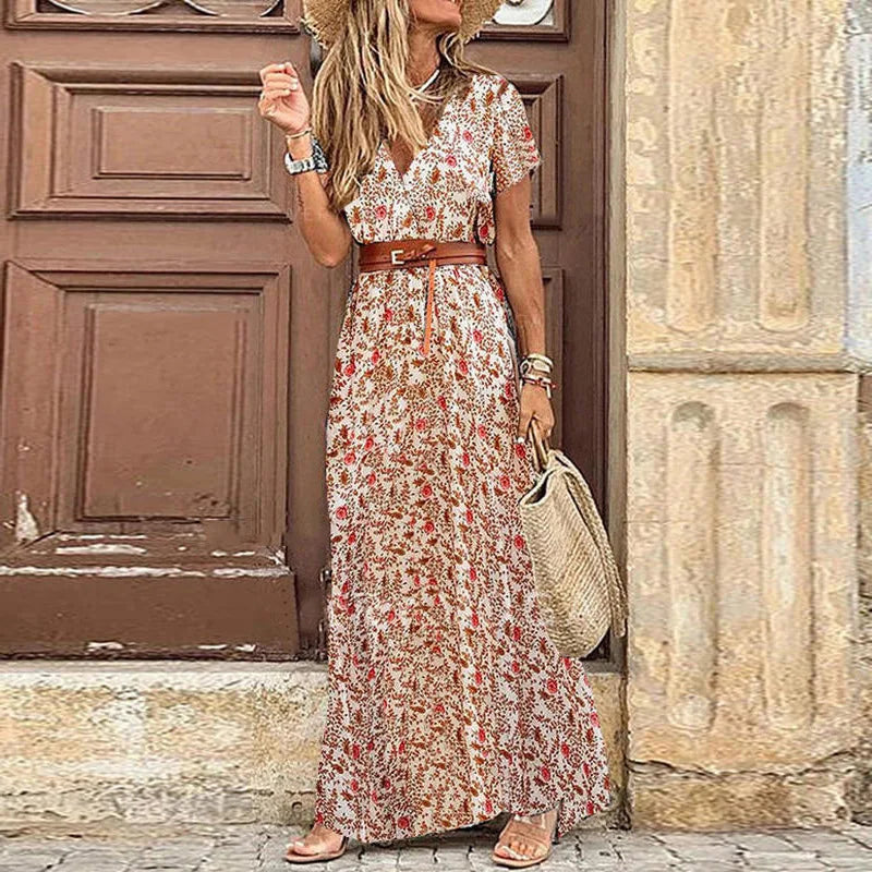 Autumn Female Short Sleeve Sexy High Split Maxi Boho Dress InsStreet