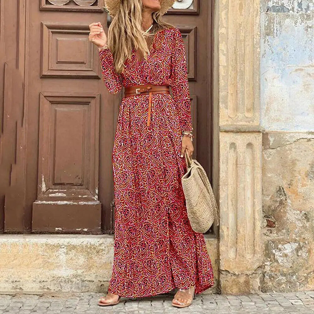 Autumn Female Short Sleeve Sexy High Split Maxi Boho Dress InsStreet