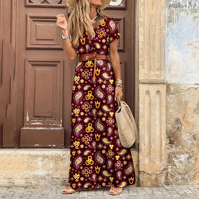 Autumn Female Short Sleeve Sexy High Split Maxi Boho Dress InsStreet