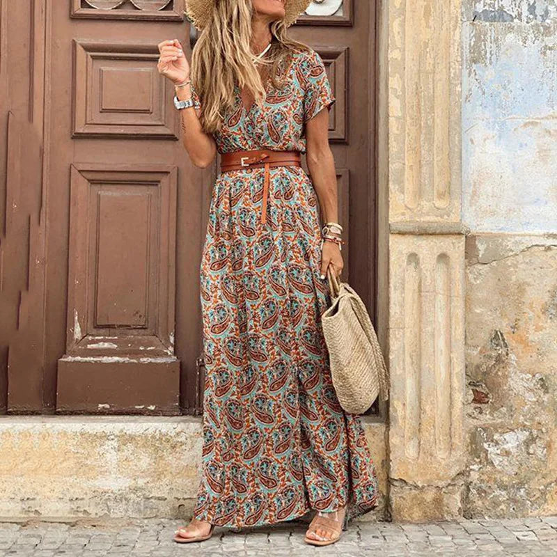 Autumn Female Short Sleeve Sexy High Split Maxi Boho Dress InsStreet