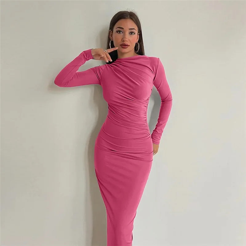 Autumn Ruched Long Slinky Sexy Birthday Robes Midi Dress InsStreet