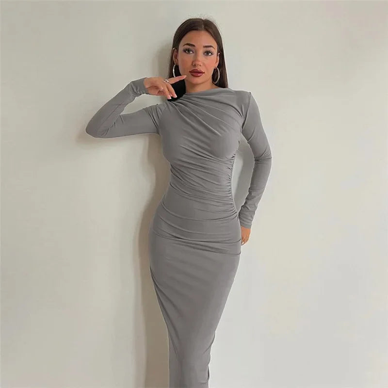 Autumn Ruched Long Slinky Sexy Birthday Robes Midi Dress InsStreet