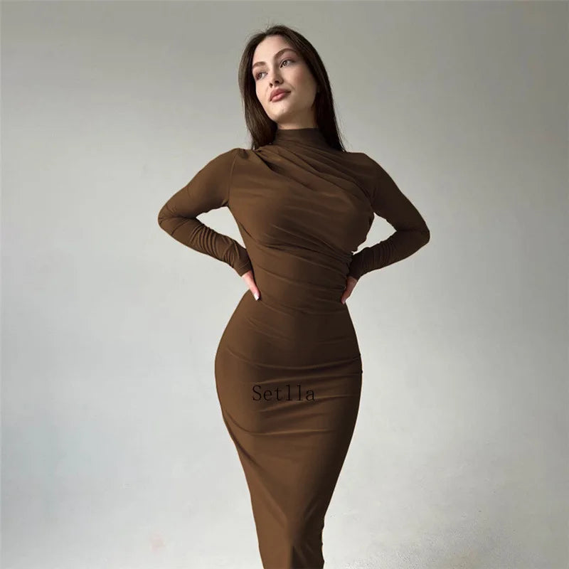 Autumn Ruched Long Slinky Sexy Birthday Robes Midi Dress InsStreet