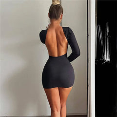 Solid Slinky Open Back Long Sleeve Mini Dress InsStreet