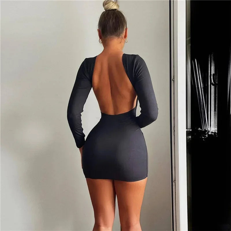 Solid Slinky Open Back Long Sleeve Mini Dress InsStreet