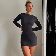 Solid Slinky Open Back Long Sleeve Mini Dress InsStreet