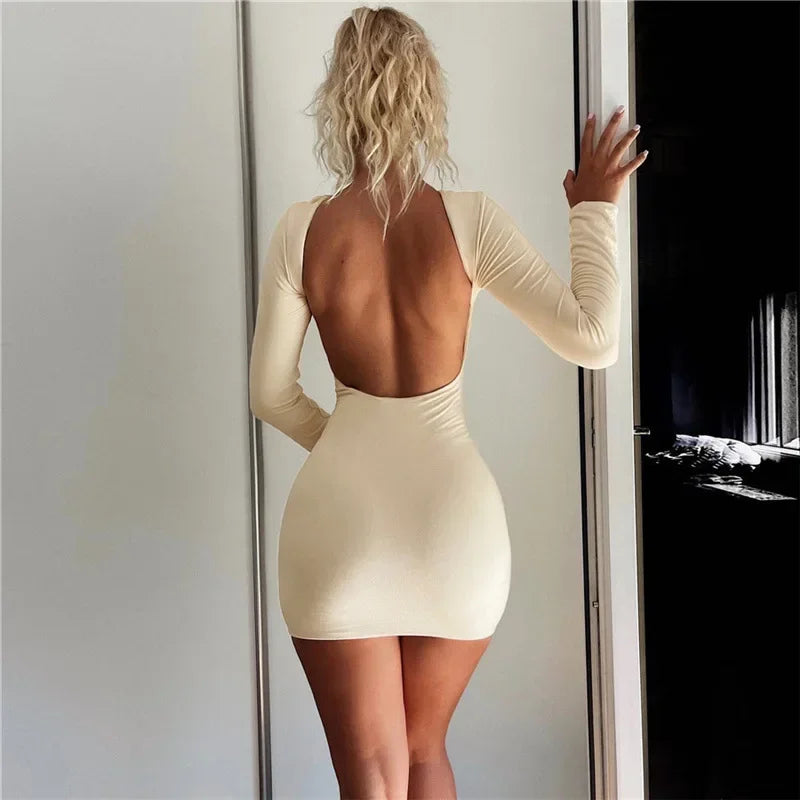 Solid Slinky Open Back Long Sleeve Mini Dress InsStreet