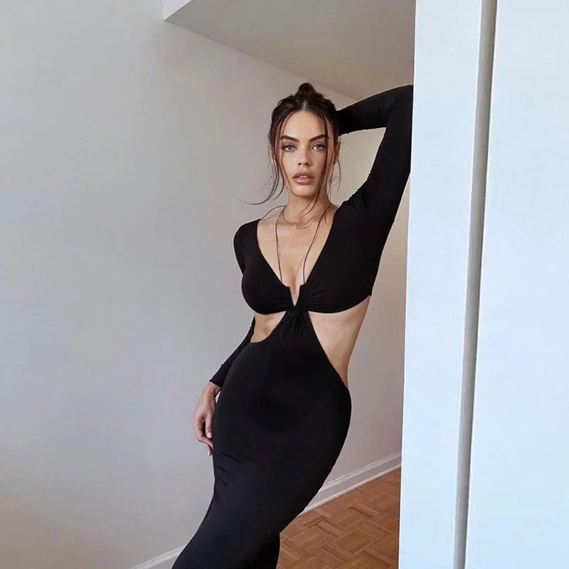 Autumnal Long-sleeved Halter-necked Black Split Skinny Sensual Maxi Dress InsStreet