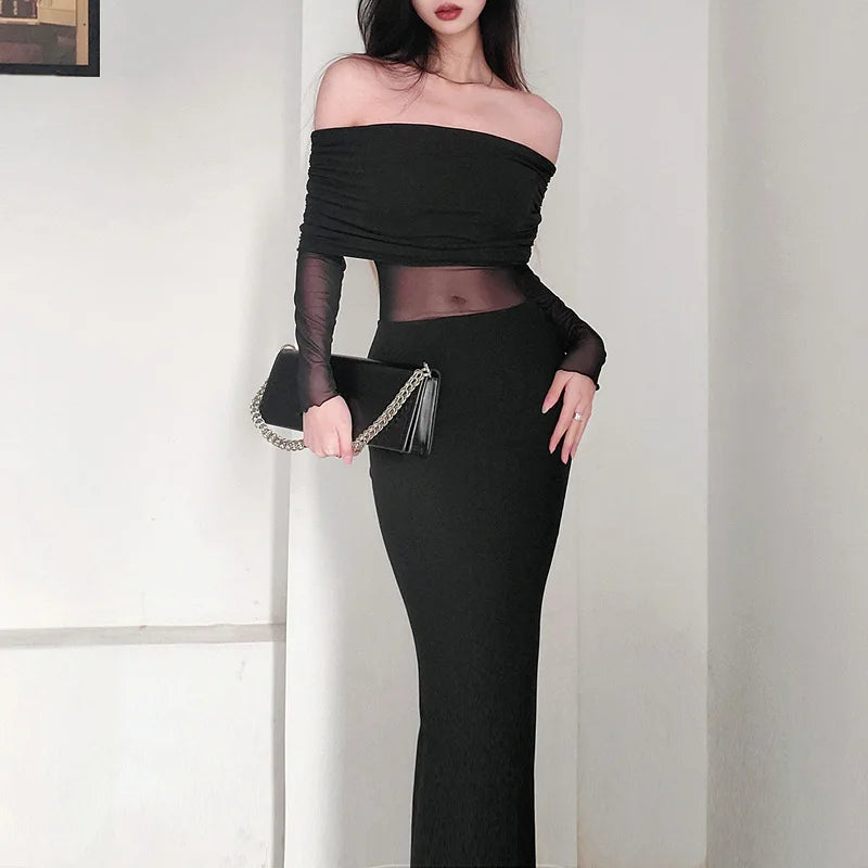 Autumn Sexy Strapless Black Lace Patchwork Long Streetwear Club Long Bodycon Dress InsStreet