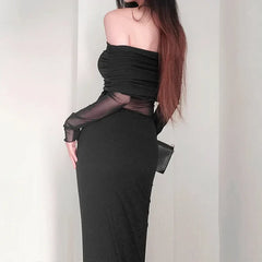 Autumn Sexy Strapless Black Lace Patchwork Long Streetwear Club Long Bodycon Dress InsStreet