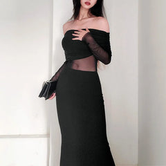 Autumn Sexy Strapless Black Lace Patchwork Long Streetwear Club Long Bodycon Dress InsStreet