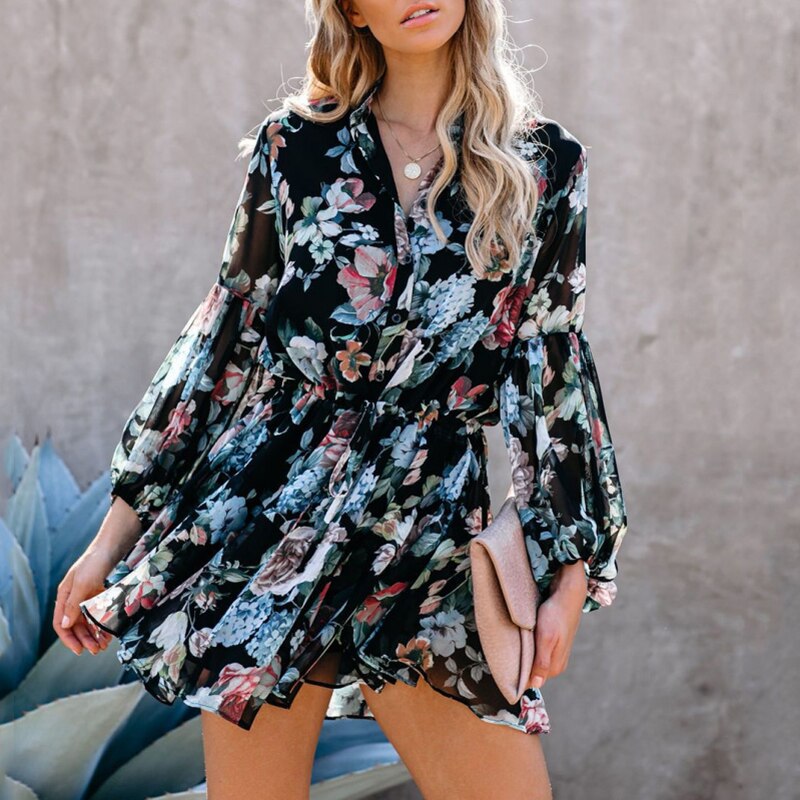 Sexy Printed Neck Tie Button Long Sleeve High Waist Dress InsStreet