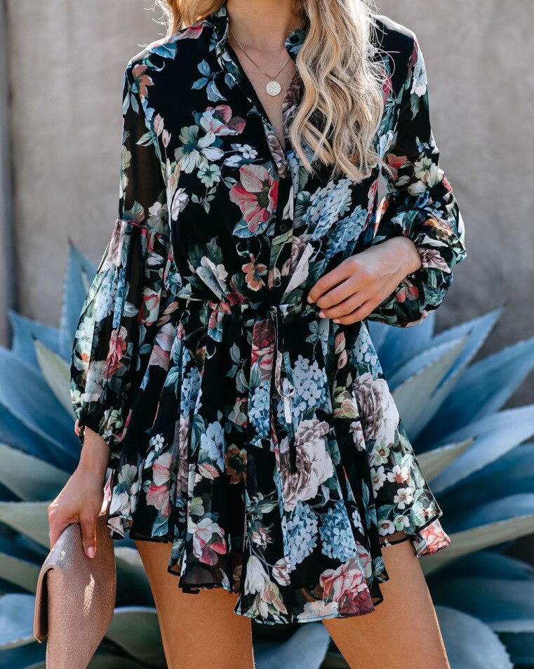 Sexy Printed Neck Tie Button Long Sleeve High Waist Dress InsStreet