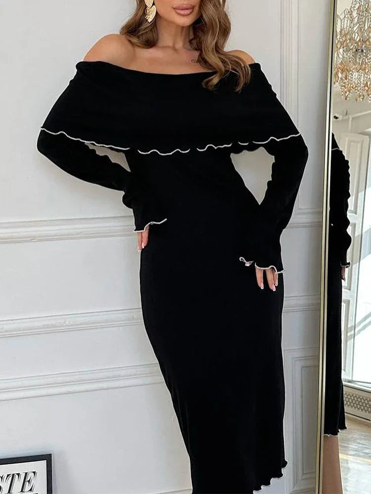 Autumn Winter Black Long Slash Neck Straight Elegant Party Clubwear Bodycon Dress InsStreet