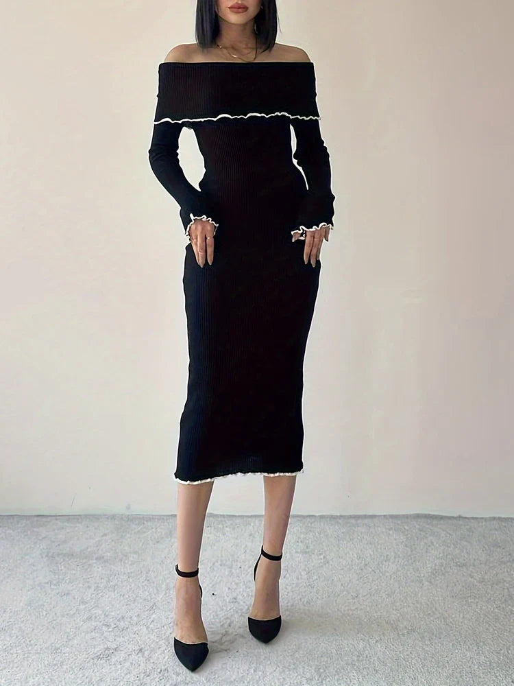 Autumn Winter Black Long Slash Neck Straight Elegant Party Clubwear Bodycon Dress InsStreet