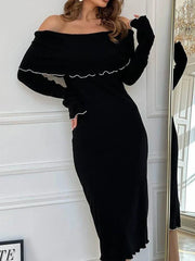 Autumn Winter Black Long Slash Neck Straight Elegant Party Clubwear Bodycon Dress InsStreet