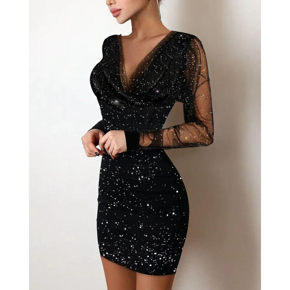 Sequin Sheer Mesh Glitter Long Sleeve Party Dress InsStreet