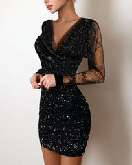 Sequin Sheer Mesh Glitter Long Sleeve Party Dress InsStreet