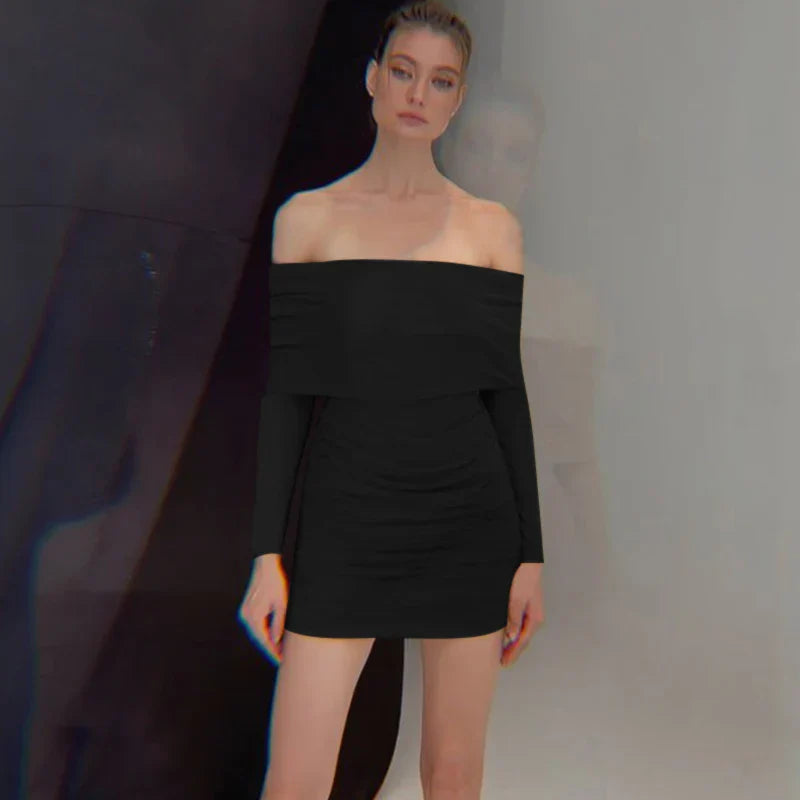 Autumn and Winter New Off Shoulder Knitted Slim Pleated Long Sexy Bodycon Dress InsStreet