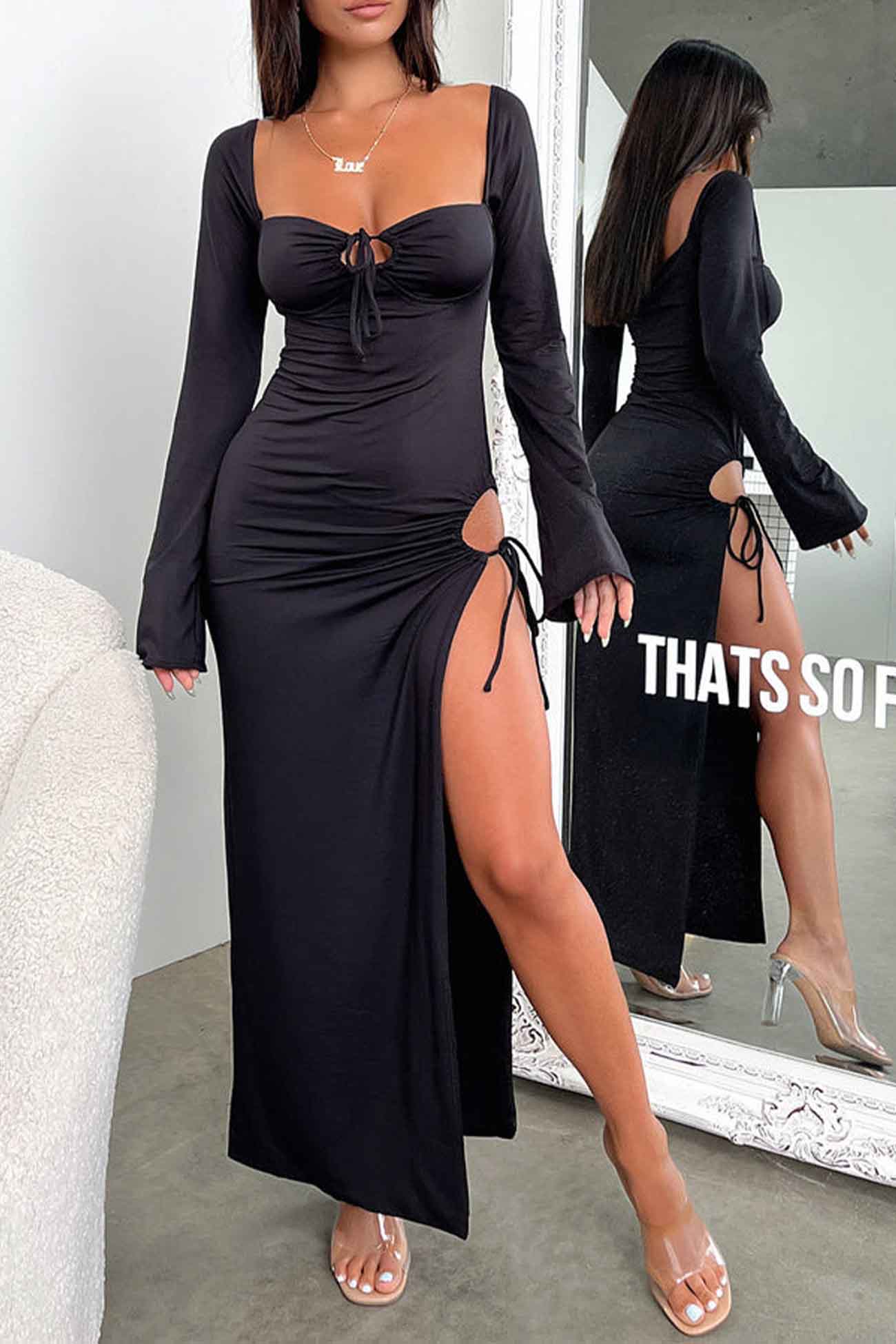 Lace Up Hollow Out Slit Dress with Long Sleeves InsStreet