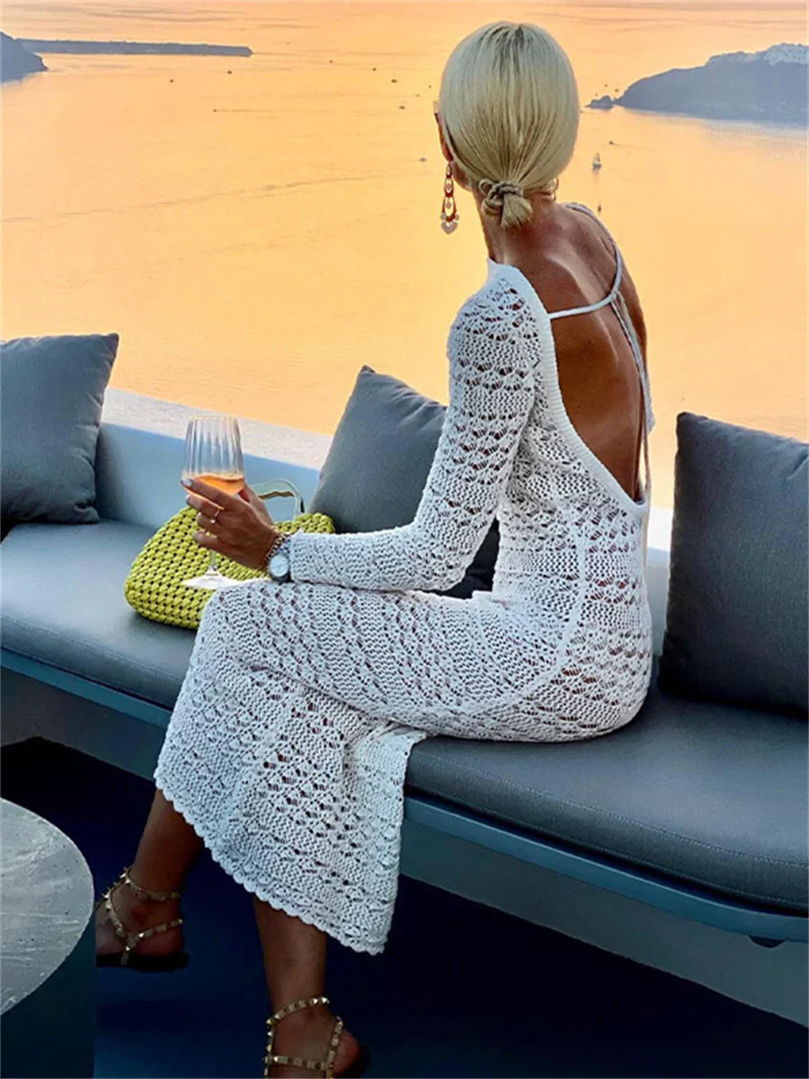 Backless Up Knit Crochet Beach Long Maxi Dress InsStreet