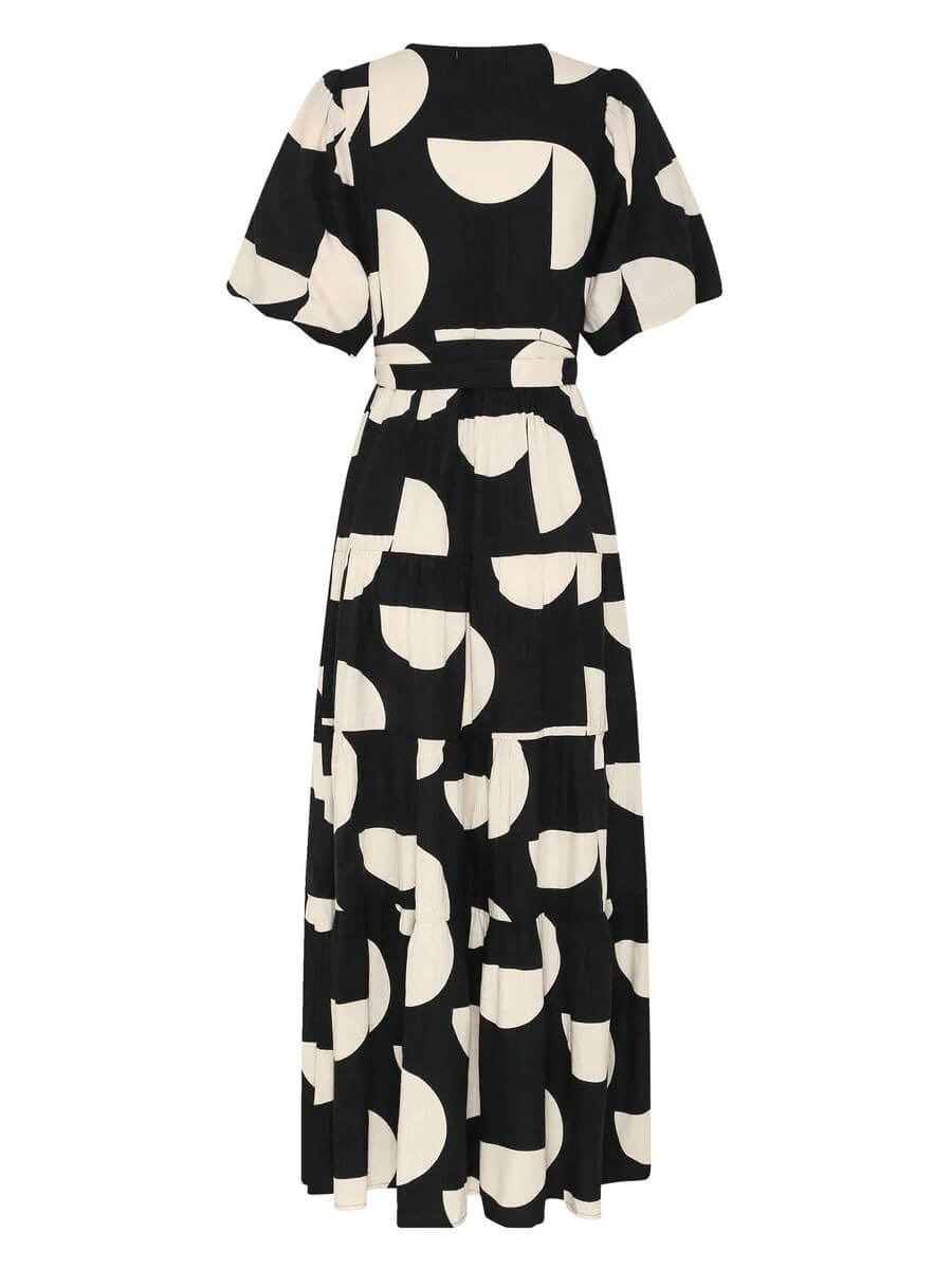 Puff Sleeve V-Neck Charming Geometric Print Midi Dress InsStreet