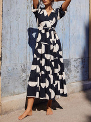 Puff Sleeve V-Neck Charming Geometric Print Midi Dress InsStreet