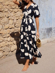 Puff Sleeve V-Neck Charming Geometric Print Midi Dress InsStreet