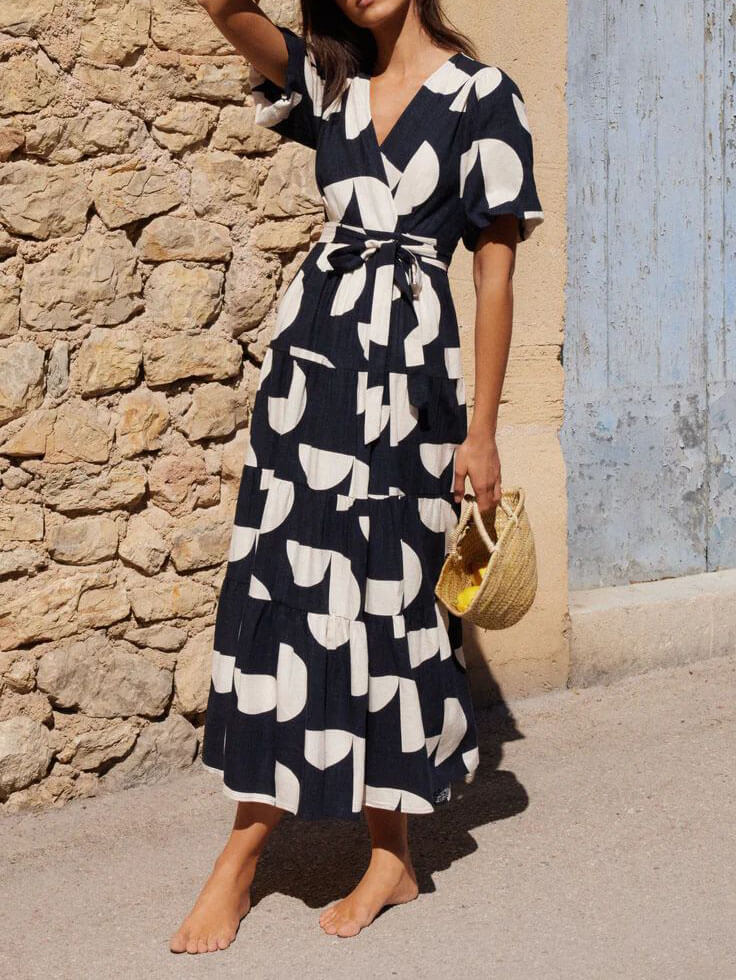 Puff Sleeve V-Neck Charming Geometric Print Midi Dress InsStreet