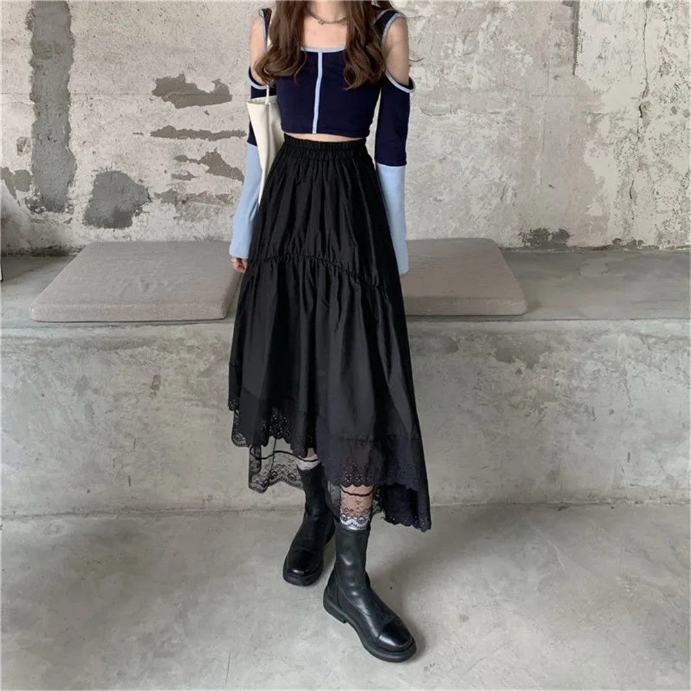 Black Gothic Lace Stitching Irregular Pleated Skirt InsStreet