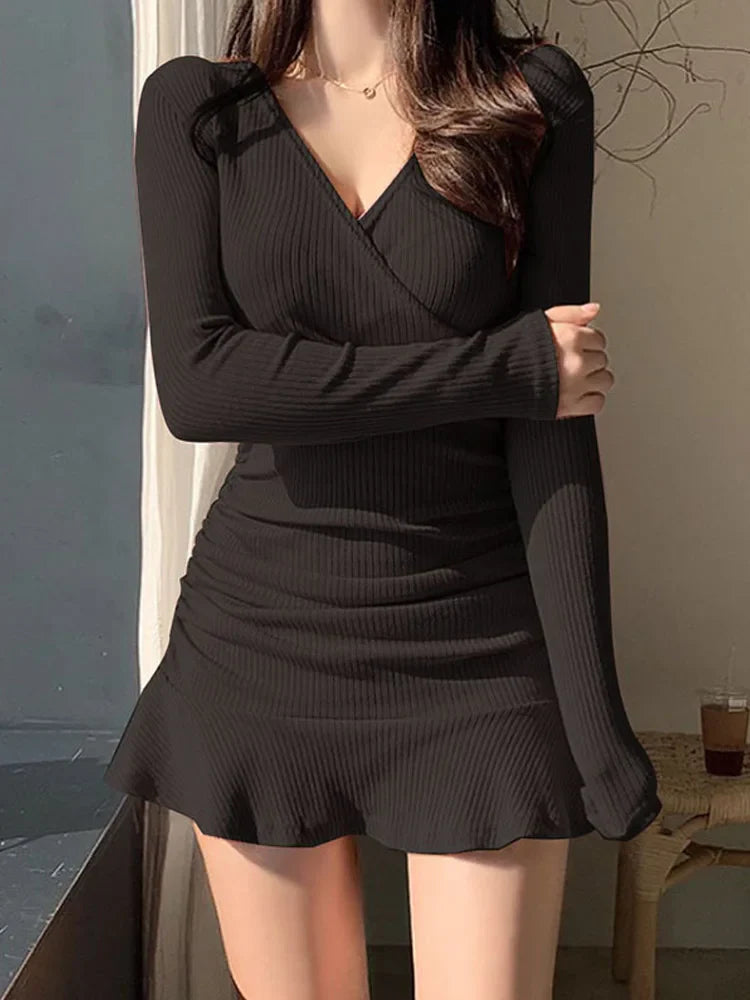 Knitted Ribbed V Neck Elegant Long Sleeve Mini Dress InsStreet