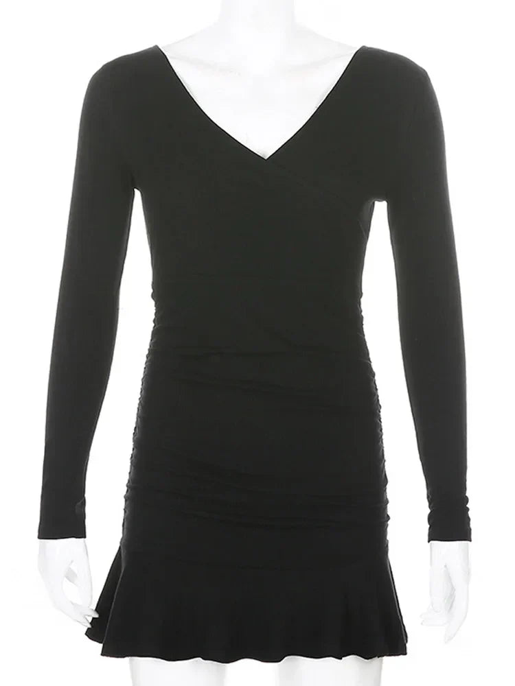 Knitted Ribbed V Neck Elegant Long Sleeve Mini Dress InsStreet