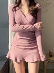 Knitted Ribbed V Neck Elegant Long Sleeve Mini Dress InsStreet