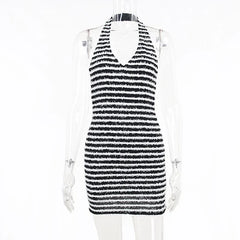 Black and White Striped Knitted Vacation Deep V Halter Bodycon Dress InsStreet