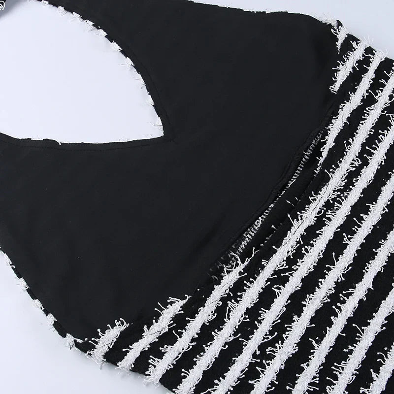 Black and White Striped Knitted Vacation Deep V Halter Bodycon Dress InsStreet