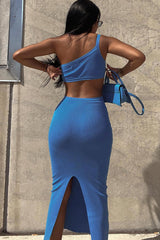 One Shoulder Blue Cutout Dress with Slit Back InsStreet