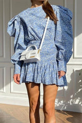 Blue Floral Dress with Puff Sleeve and Gathered Ruffle InsStreet