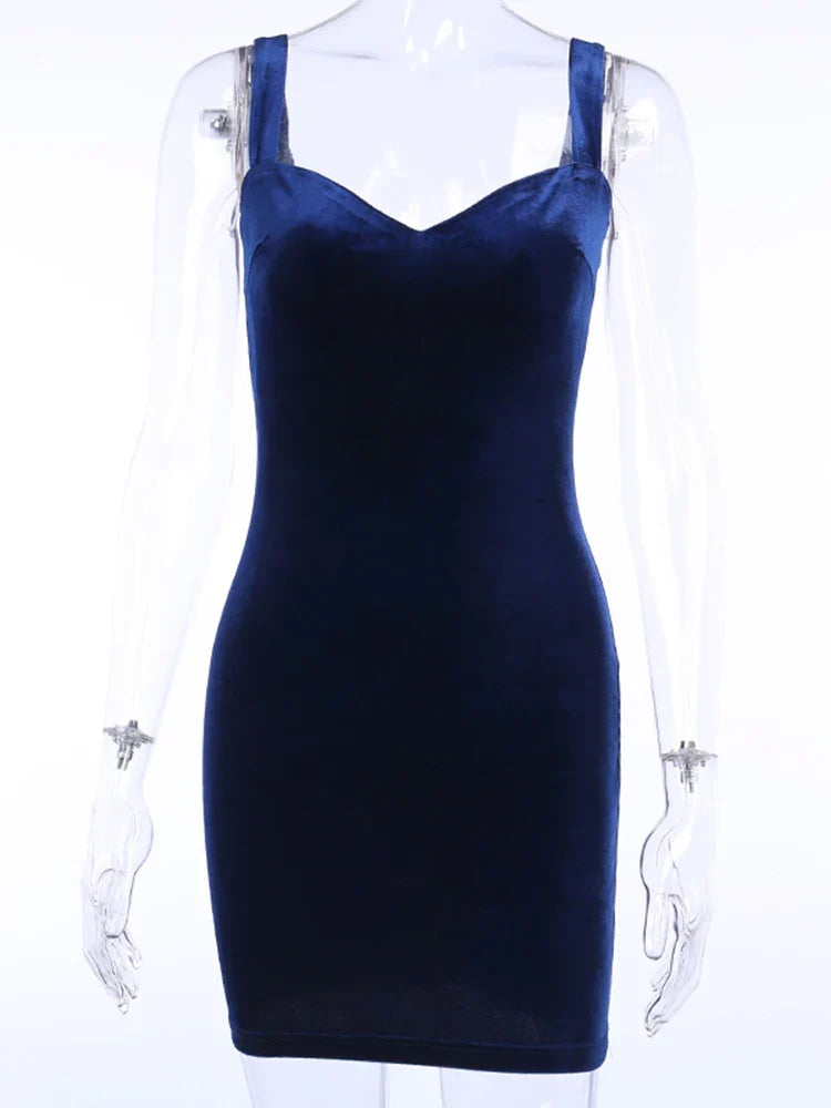 Blue V-Neck Spaghetti Strap Mini Sleeveless Skinny Soft Fashion Slim Bodycon Dress InsStreet