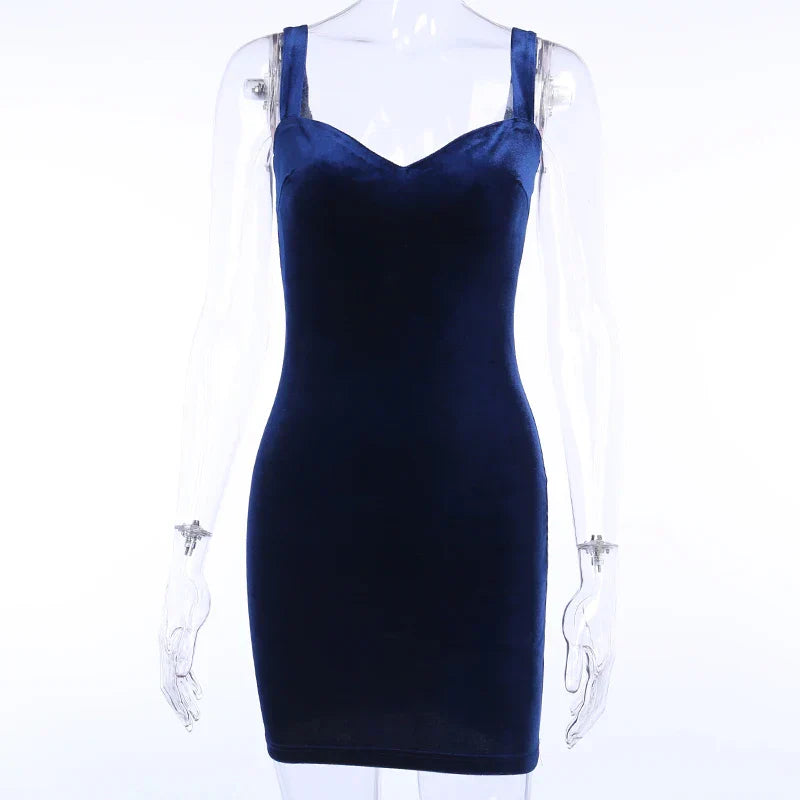 Blue V-Neck Spaghetti Strap Mini Sleeveless Skinny Soft Fashion Slim Bodycon Dress InsStreet