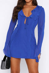 Long Sleeved Ruffled Mini Dress with Lace Up Detail InsStreet