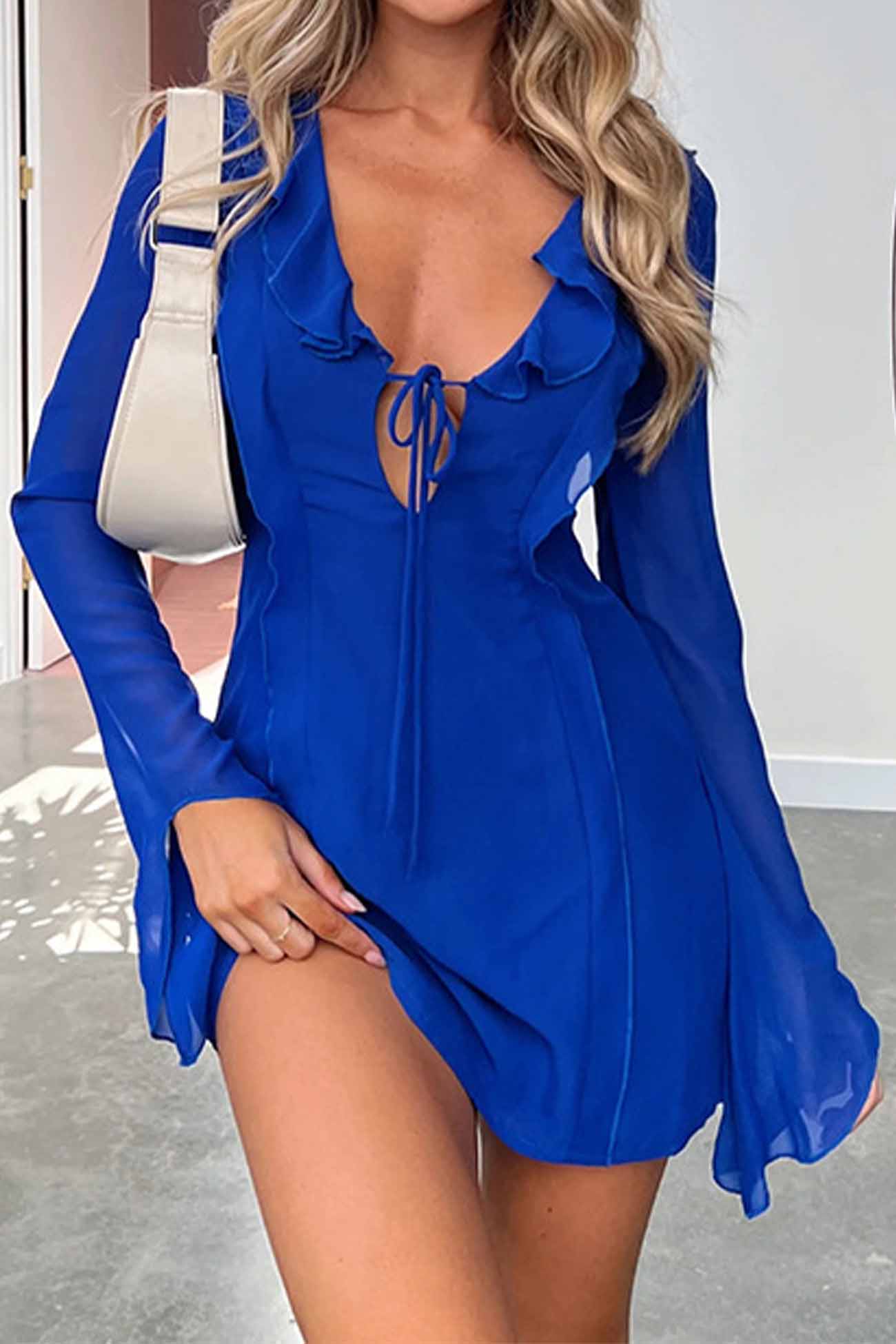 Long Sleeved Ruffled Mini Dress with Lace Up Detail InsStreet