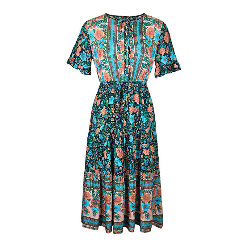 Vintage Round Neck A-Line Boho Dress InsStreet