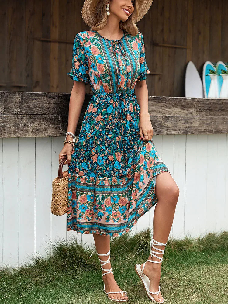 Vintage Round Neck A-Line Boho Dress InsStreet