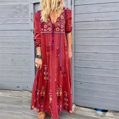 Bohemian Flower Elegant Long Floral V Neck Boho Dress InsStreet