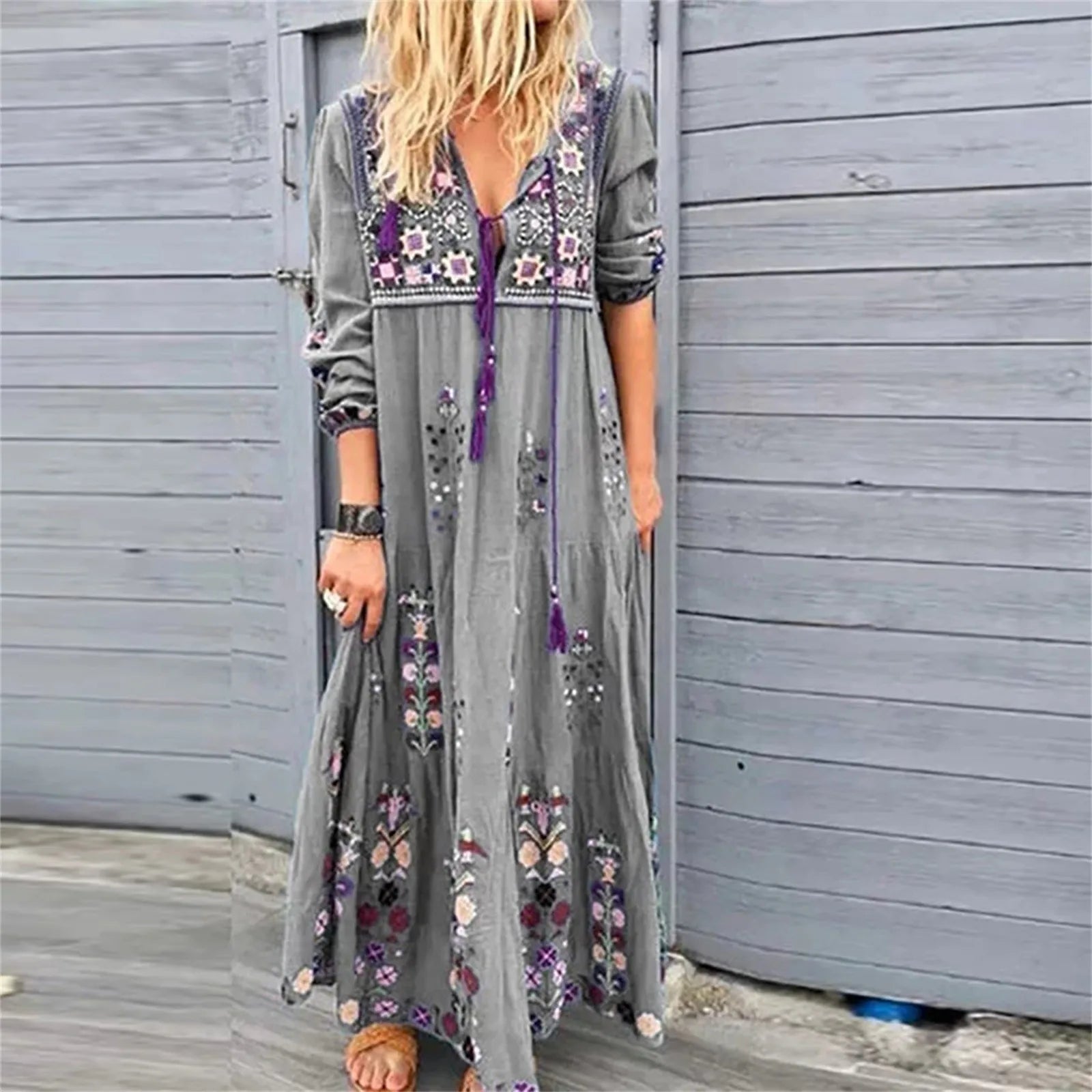 Bohemian Flower Elegant Long Floral V Neck Boho Dress InsStreet