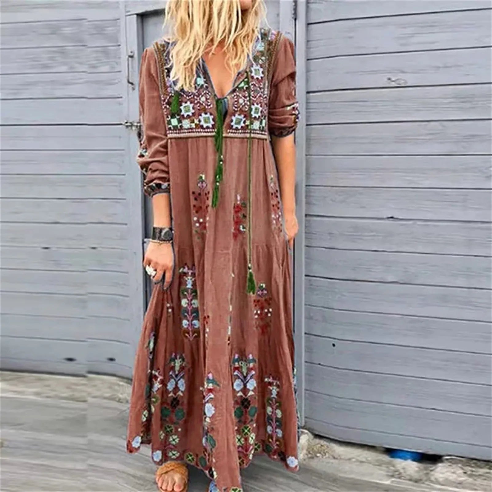 Bohemian Flower Elegant Long Floral V Neck Boho Dress InsStreet