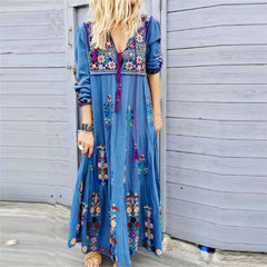 Bohemian Flower Elegant Long Floral V Neck Boho Dress InsStreet