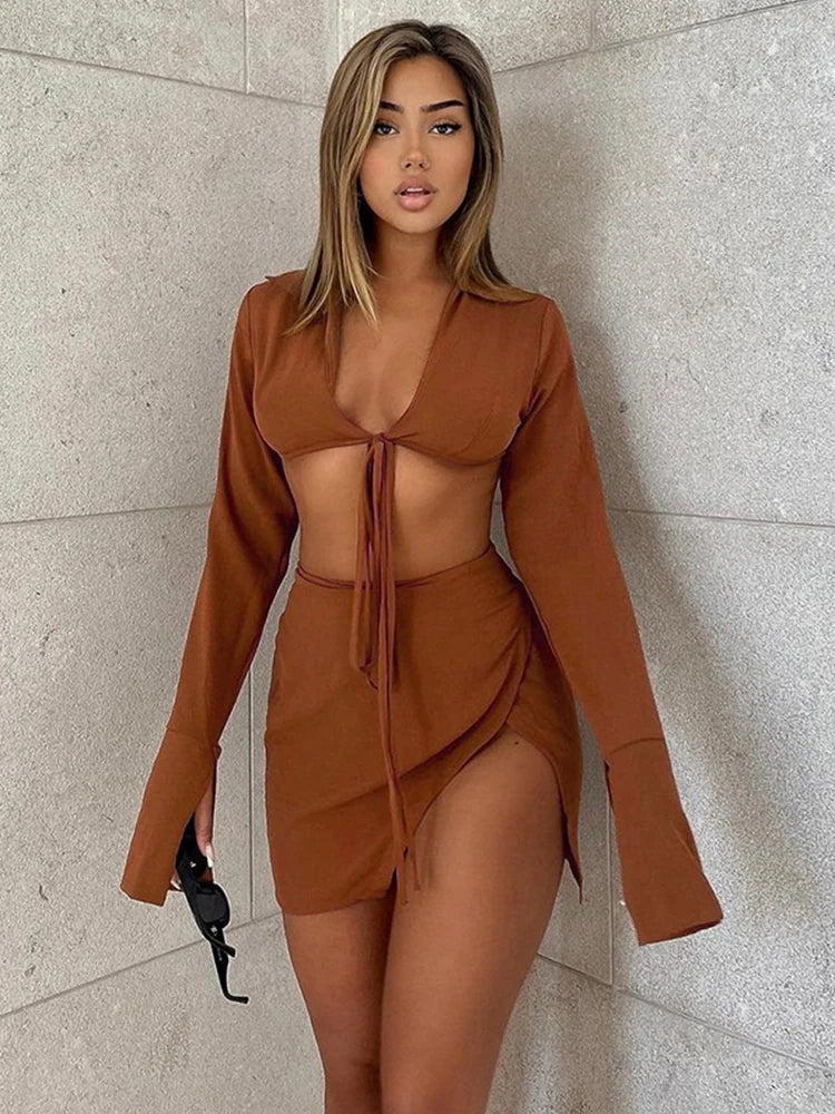 Brown Tie Front Top Skirt Sets Mini Dress InsStreet