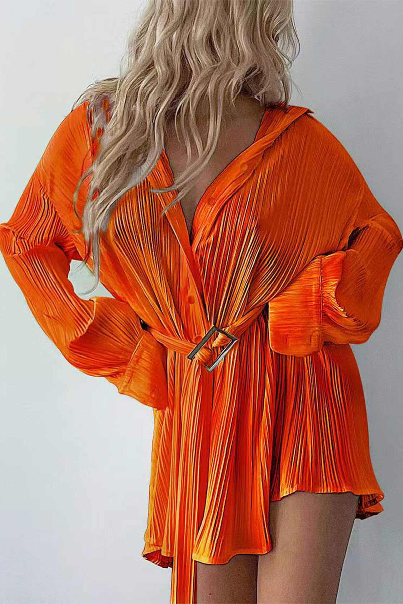 Strappy Waisted Pleated Shirts Dress InsStreet