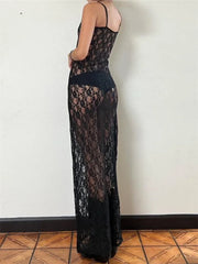 Lace Floral Mesh See Through  Summer Beach Cover Ups Women Sleeveless Strap Solid Slim Vestidos InsStreet